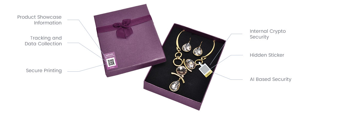 Diamond necklace with NeuroTags open tag on the box and protected, hidden tag attached to necklace