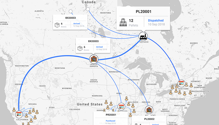 Dashboard showing geolocations and real-time visibility of the supply chain